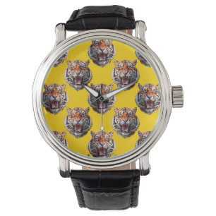 Tiger Head Pattern Design Yellow Watch