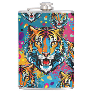 Tiger Head Rainbow colors paint stains Hip Flask