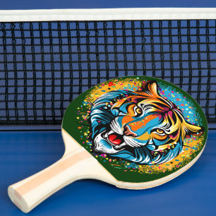 Tiger Head Rainbow colors paint stains Ping Pong Paddle