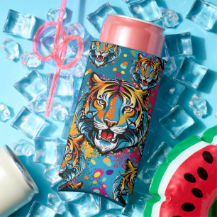 Tiger Head Rainbow colors paint stains Seltzer Can Cooler