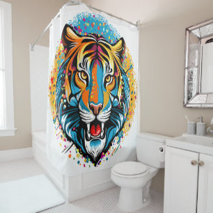 Tiger Head Rainbow colors paint stains Shower Curtain