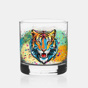 Tiger Head Rainbow colors paint stains Whiskey Glass