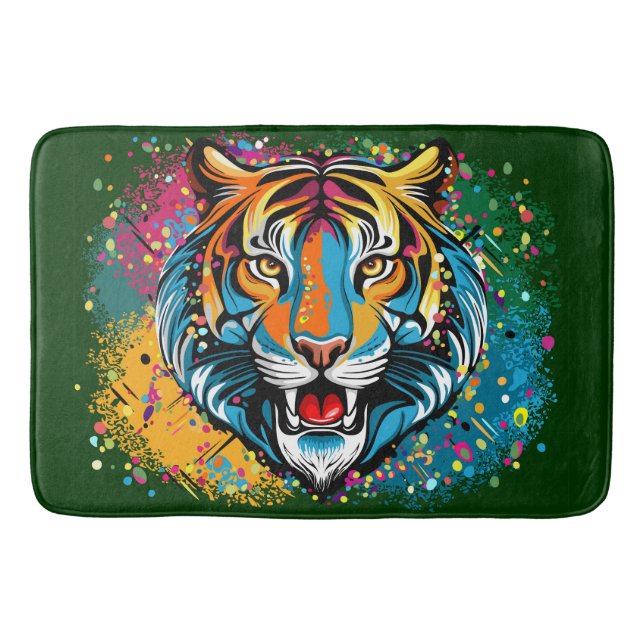 Tiger Head Rainbow colours paint stains Bath Mat (Front)