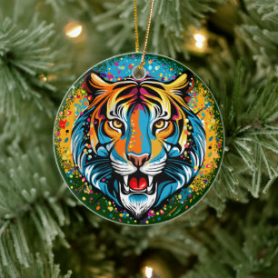 Tiger Head Rainbow colours paint stains Ceramic Tree Decoration