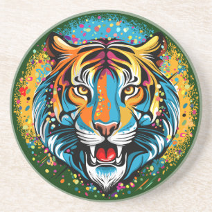 Tiger Head Rainbow colours paint stains Coaster