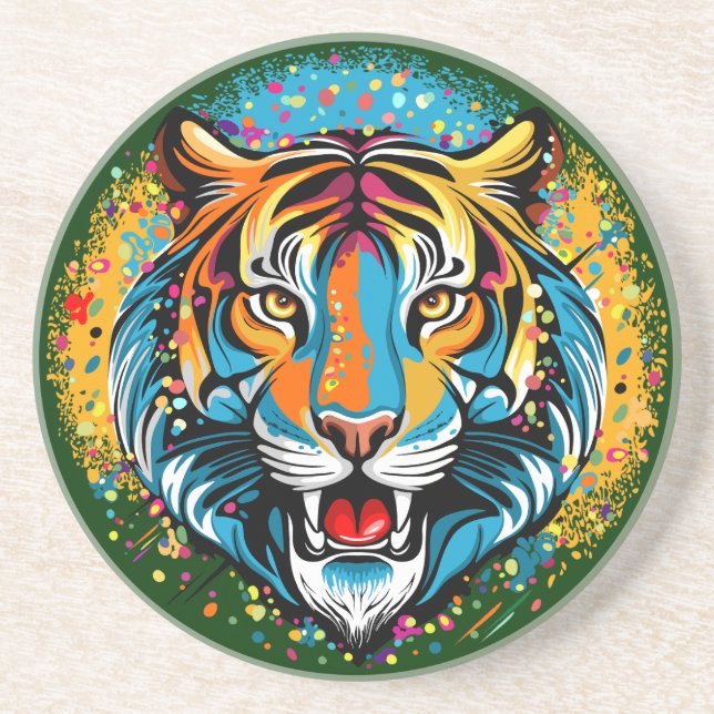 Tiger Head Rainbow colours paint stains Coaster (Front)