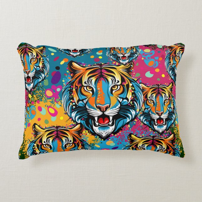 Tiger Head Rainbow colours paint stains Decorative Cushion (Front)