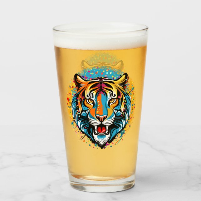 Tiger Head Rainbow colours paint stains Glass (Front Filled)