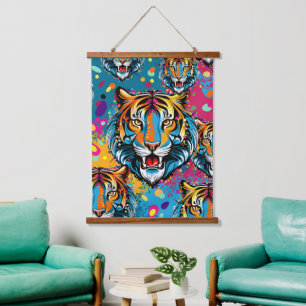 Tiger Head Rainbow colours paint stains Hanging Tapestry
