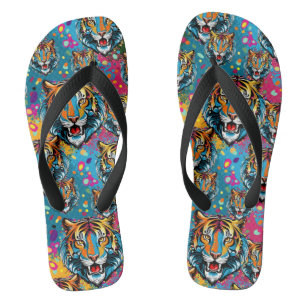 Tiger Head Rainbow colours paint stains Jandals