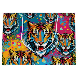 Tiger Head Rainbow colours paint stains Large Gift Bag