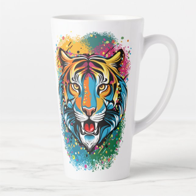 Tiger Head Rainbow colours paint stains Latte Mug (Right)