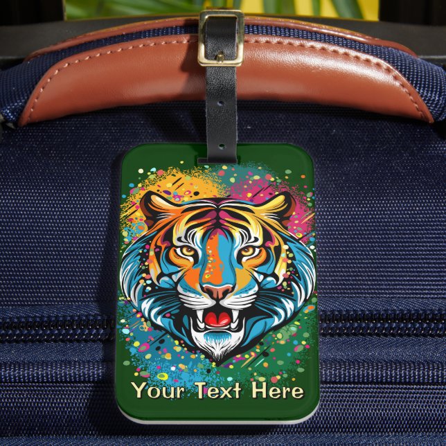 Tiger Head Rainbow colours paint stains Luggage Tag (Front Insitu 2)
