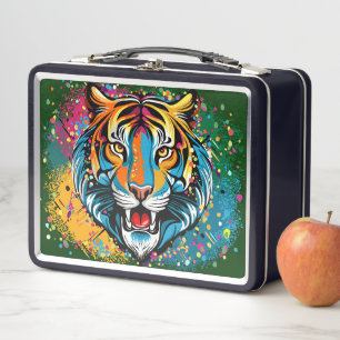 Tiger Head Rainbow colours paint stains Metal Lunch Box