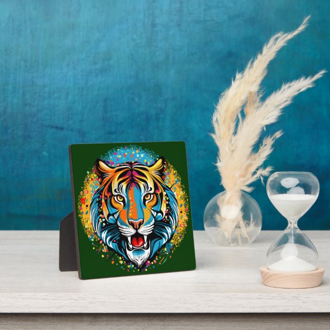 Tiger Head Rainbow colours paint stains Plaque (Insitu)