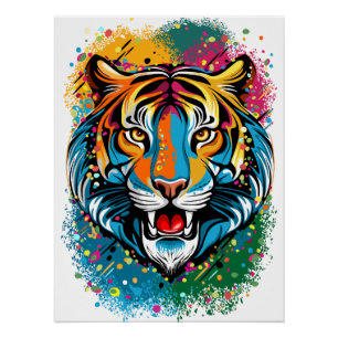 Tiger Head Rainbow colours paint stains Poster