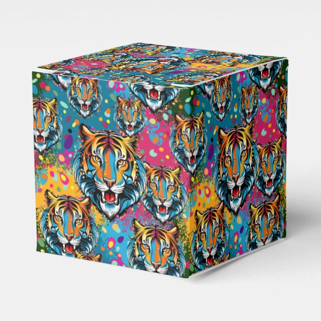 Tiger Head Rainbow colours paint stains Pouf Favour Box (Front Side)