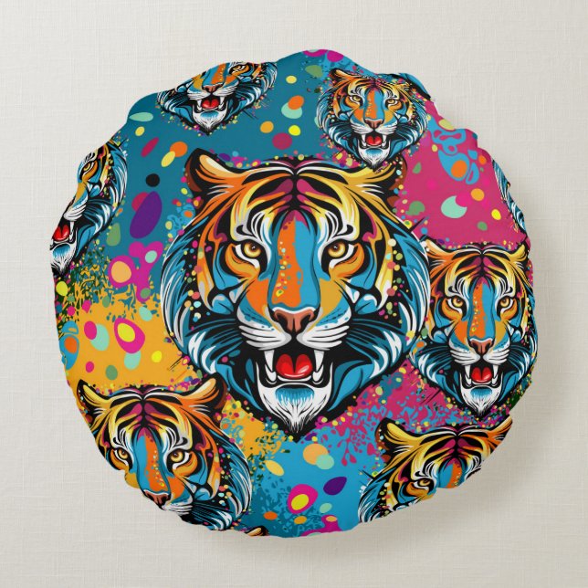 Tiger Head Rainbow colours paint stains Round Cushion (Back)