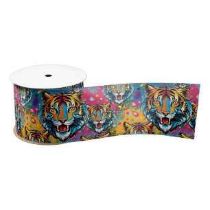 Tiger Head Rainbow colours paint stains Satin Ribbon