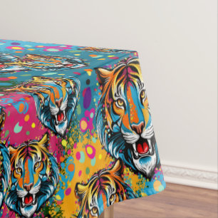 Tiger Head Rainbow colours paint stains Tablecloth