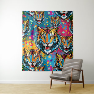 Tiger Head Rainbow colours paint stains Tapestry