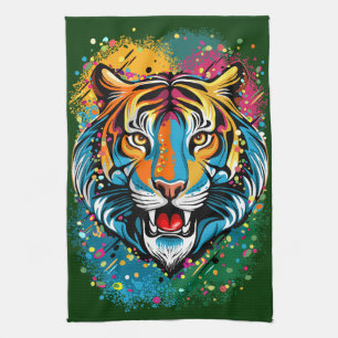 Tiger Head Rainbow colours paint stains Tea Towel