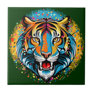 Tiger Head Rainbow colours paint stains Tile