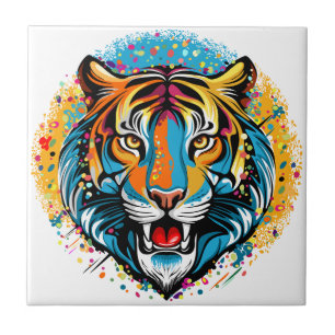 Tiger Head Rainbow colours paint stains Tile
