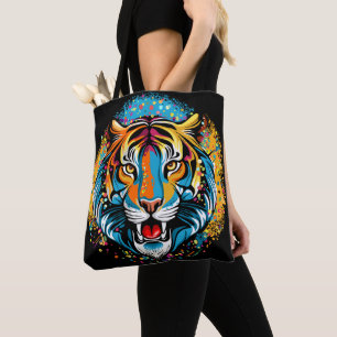 Tiger Head Rainbow colours paint stains Tote Bag