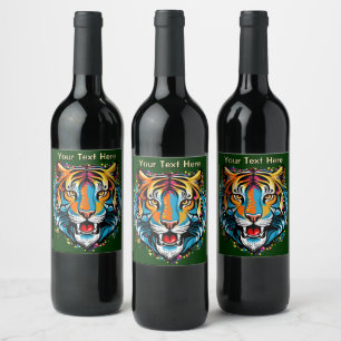 Tiger Head Rainbow colours paint stains Wine Label
