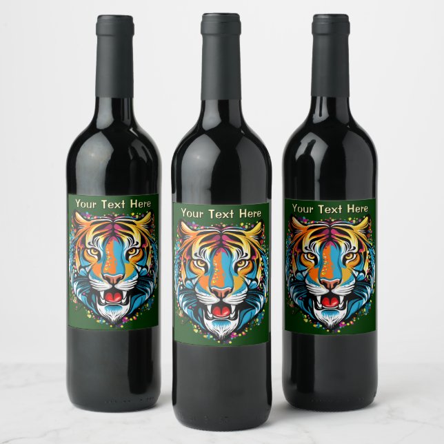Tiger Head Rainbow colours paint stains Wine Label (Bottles)