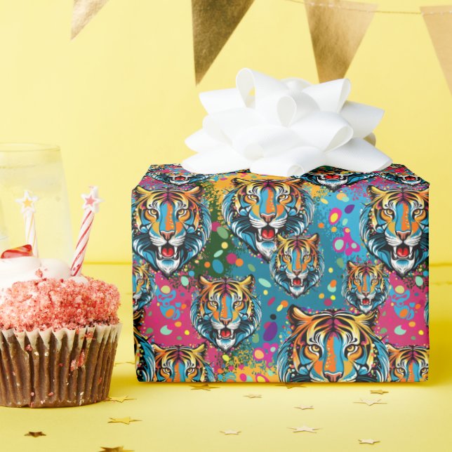 Tiger Head Rainbow colours paint stains Wrapping Paper (Birthday Party)