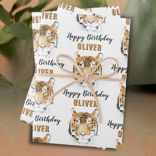 Tiger Head Watercolor Animal Happy Birthday Wrapping Paper Sheet