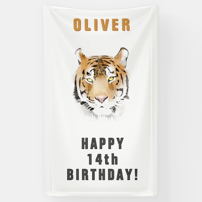 Tiger Head Watercolor Birthday Name Banner (Vertical)