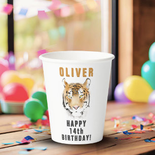 Tiger Head Watercolor Name Birthday Party Paper Cups