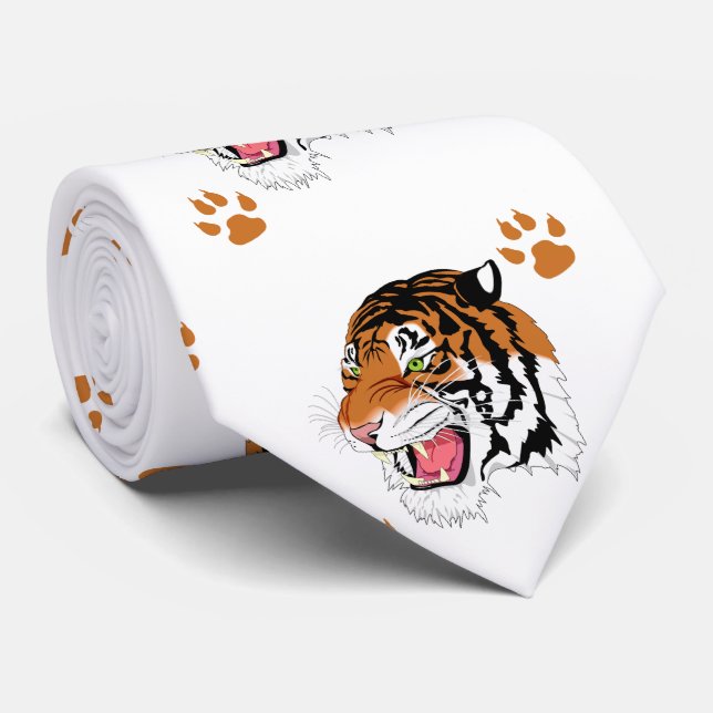 Tiger Head With Paw Prints On White Necktie (Rolled)