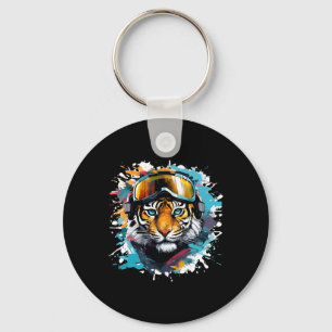 Tiger Head With Ski Goggles Skiing Snowboarding Key Ring