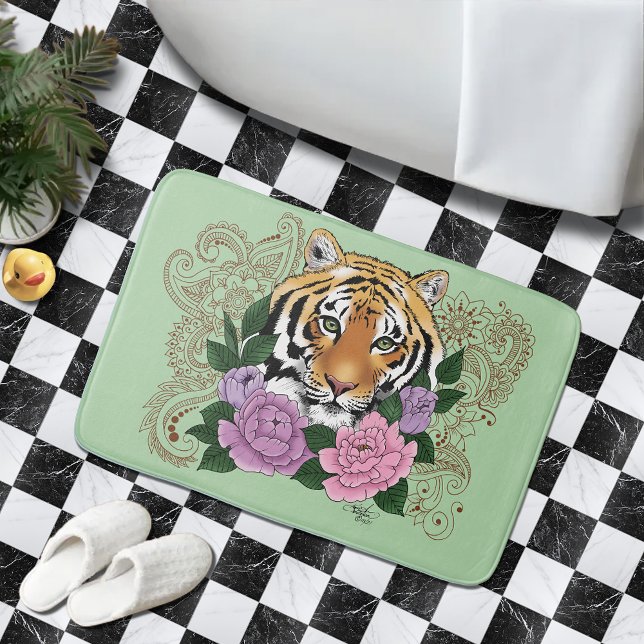 Tiger Henna Pink Purple Flowers Bath Mat (Creator Uploaded)