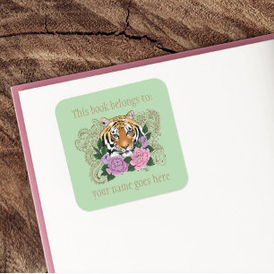 Tiger Henna Pink Purple Flowers Bookplate Square Sticker