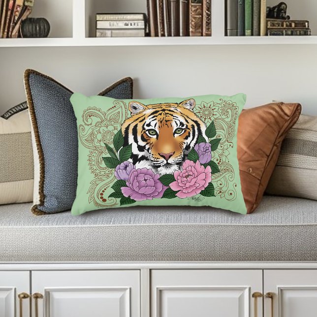 Tiger Henna Pink Purple Flowers Decorative Cushion (Creator Uploaded)