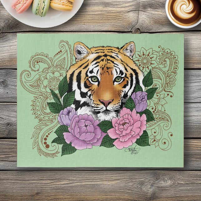 Tiger Henna Pink Purple Flowers Jigsaw Puzzle (Creator Uploaded)