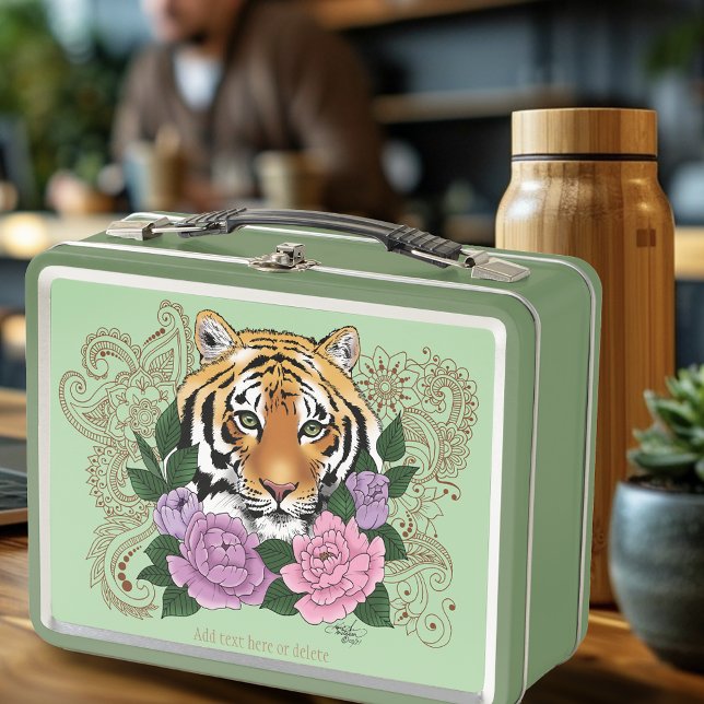 Tiger Henna Pink Purple Flowers Metal Lunch Box (Creator Uploaded)