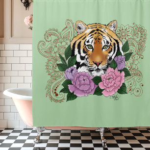 Tiger Henna Pink Purple Flowers Shower Curtain