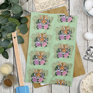 Tiger Henna Pink Purple Flowers Tea Towel
