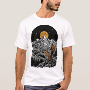 Tiger & Hiker Mountain Moon Vintage Engraving T-Shirt
