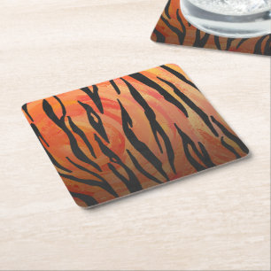 Tiger Hot orange and Black Print Square Paper Coaster