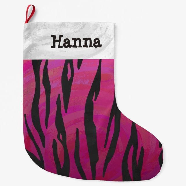 Tiger Hot Pink and Black Print Large Christmas Stocking (Front)