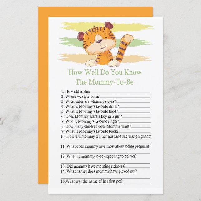 Tiger How well do you know baby shower (Front/Back)