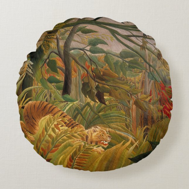 Tiger in a Tropical Storm by Henri Rousseau Round Cushion (Front)
