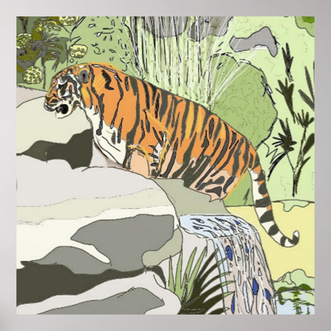 Tiger In a Waterfall Poster (Front)